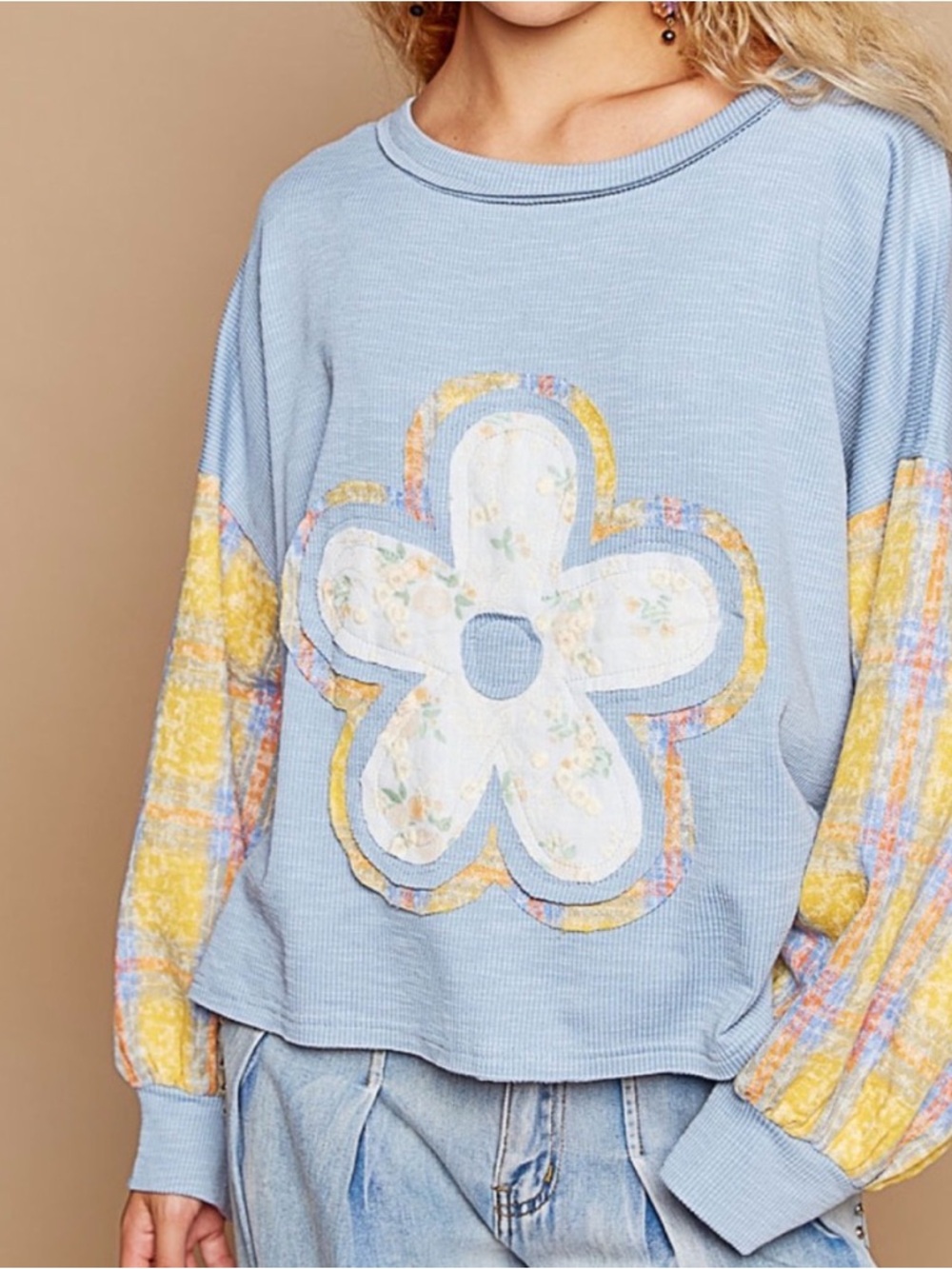 POL Light Blue Ribbed Crewneck Top with flower Patch detail…Oversized